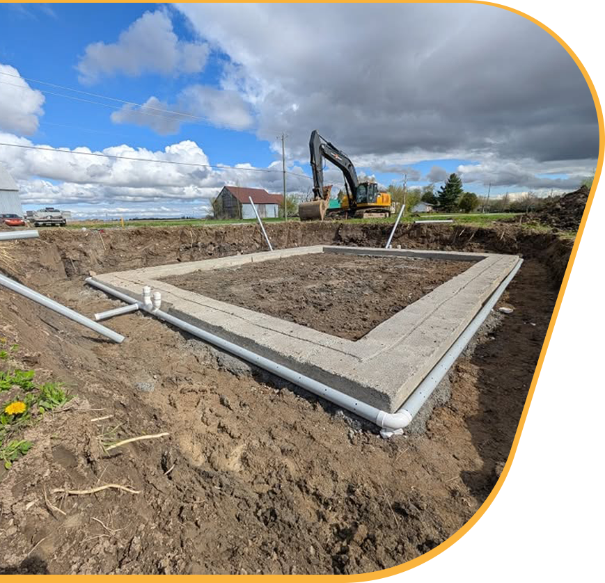 House foundation preparation, including excavation work and concrete footings